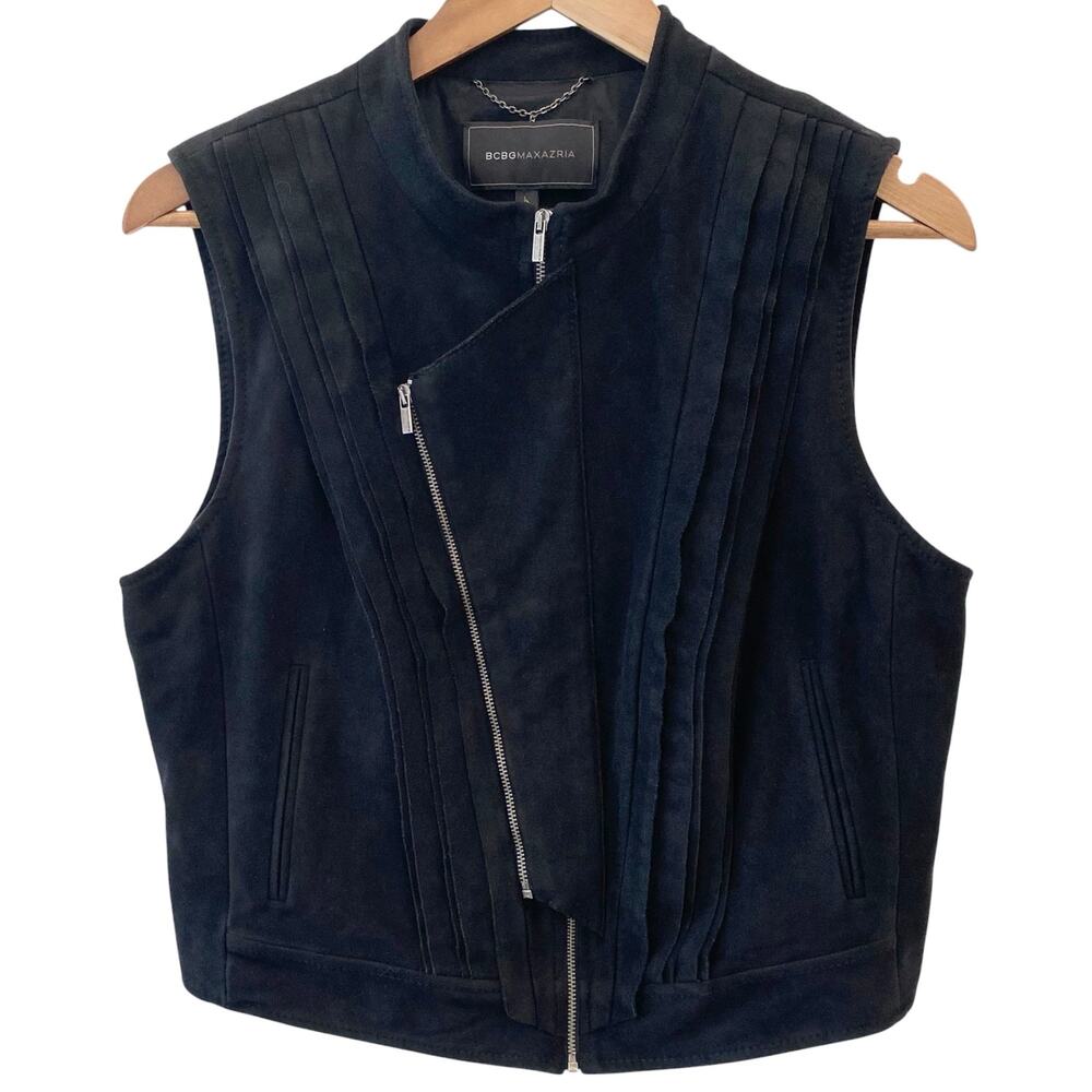 BCBGMAXAZRIA Black Suede Vest Jacket Size Large RUNS LIKE MEDIUM Double Zipper